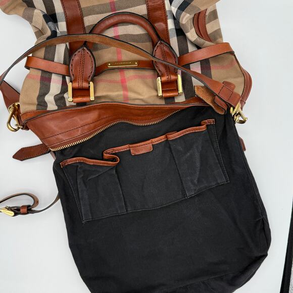 COA  Burberry Haymarket Check Tote Bag Leather Trim Italy Shoulder Crossbody - Picture 6 of 16